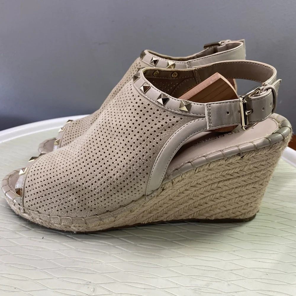 Marc Fisher Senton Women's Sz Suede&Leather‎ Espadrille Studded Beige Wedges 10M